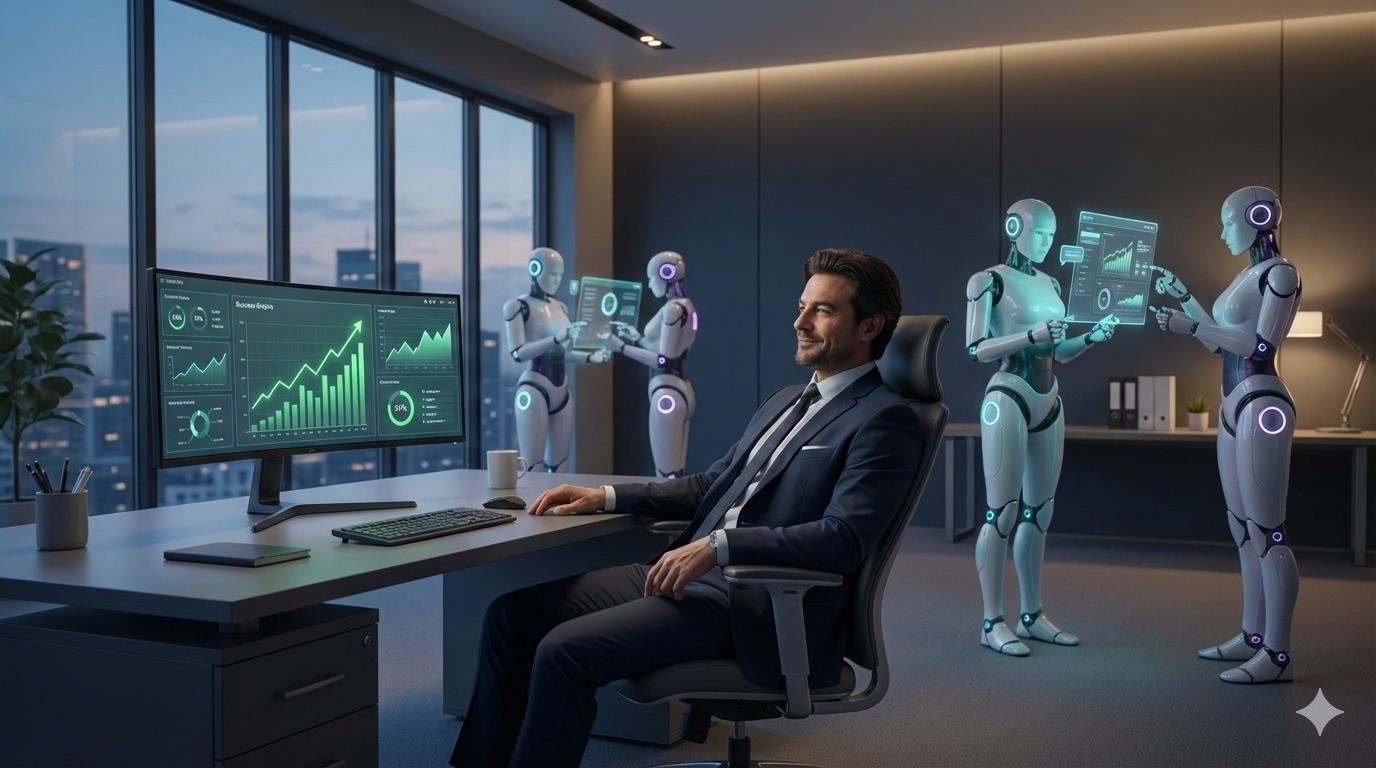 Empresário relaxado com robôs
